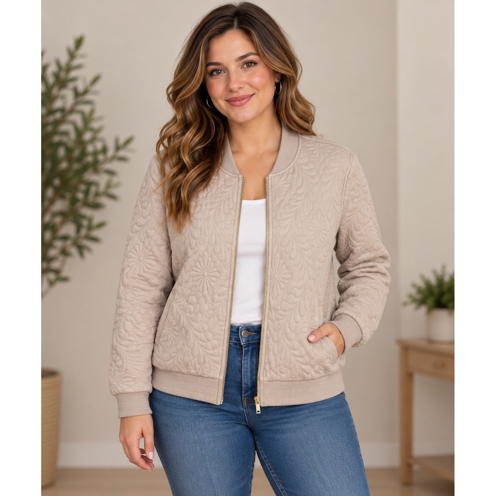 NWT Alfred Dunner Jersey Jacket Women L Beige Quilted Zip Neitral Transitional
